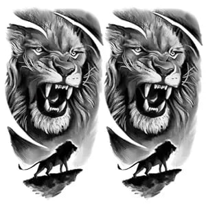 2 Sheets Roaring Lion Temporary Tattoos For Men - Black And Grey Lion With Mountain Silhouette Waterproof Fake Tattoo Stickers, Realistic Half Sleeve Arm Leg Body Art
