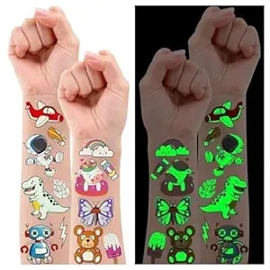 Partywind 380 Styles (30 Sheets) Luminous Tattoos For Kids, Mixed Styles Temporary Tattoos Stickers With Mermaid/Dinosaur/Space/Pirate For Boys And Girls, Glow Party Supplies