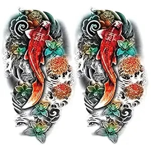 2 Sheets Arm Thigh Waterproof Temporary Tattoo Stickers Wave Flower Lotus Koi Carp Fish