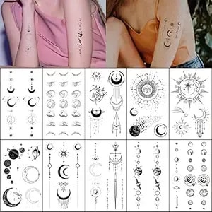 Realistic Moon Sun Stars Space Planets Chain Temporary Tattoos Vertical Spine Tattoo Stickers For Women