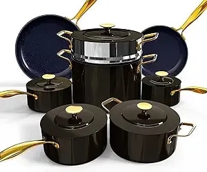 Nuwave Lux Le 13-Pc Cookware Set With Elegant Gold Handle, Diamond Infused Ceramic Non-Stick, Pfas Free, Premium Metal Lids, Ergonomic Stay-Cool Handles, Induction Ready & Compatible W/All Cooktops
