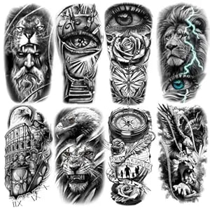 8 Sheets Mythical Animal Temporary Tattoos For Adults, Lion Eye Clock Eagle Compass Rose Fake Tattoo Stickers, Waterproof Long Lasting Body Art For Arm Chest