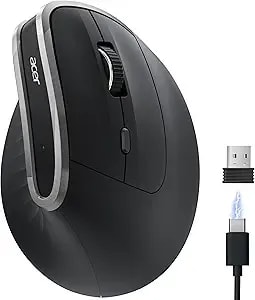 Acer Ergonomic Mouse Wireless, Vertical Computer Mouse For Office, Ergo Mice Rechargeable For Medium To Large Sized Hands, 2.4ghz Usb Receiver, 800/1200/1600 Dpi, 6 Buttons For Laptop, Pc And Desktop