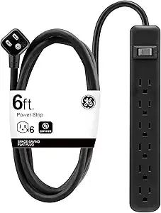 Ge 6-Outlet Power Strip, 6 Ft Extension Cord, Heavy Duty Plug, Grounded, Integrated Circuit Breaker, 3-Prong, Wall Mount, Etl Listed, Black, 14088