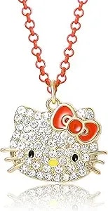 Hello Kitty Sanrio Pave Crystal Pendant Necklace For Women Official License, 16"+3" Sparkly Necklace With Enamel Plating