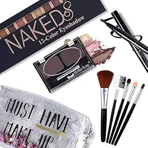 All In One Makeup Kit,12 Colors Nude Shimmer Eyeshadow Palette, Waterproof Black Eyeliner Pencil, Duo Pressed Eyebrow Powder Kit, 5 Brushes With Quicksand Cosmetic Bag Gift Set