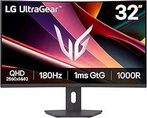 Lg 32g600a-B 32-Inch Ultragear Qhd (2560 X 1440) Curved Gaming Monitor, 180hz, 1ms, Amd Freesync, Hdmi, Displayport, Tilt/Height/Swivel Adjustable Stand, Black