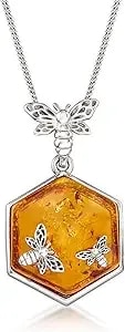 Ross-Simons Amber Honeycomb And Bumblebee Pendant Necklace In Sterling Silver