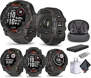 Garmin Instinct 3 50mm, Solar Charged Display, Rugged Outdoor Gps Smartwatch, Metal-Reinforced Bezel, Built-In Flashlight, Charcoal (010-02935-00) With Earbuds Bundle