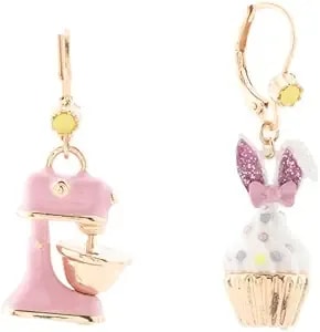 Betsey Johnson Mismatched Earrings, Pink Stand Mixer And Bunny Cupcake Design, Lever Back Closure