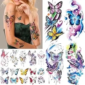 Cerlaza 79 Sheets 3d Butterfly Tattoos Temporary Realistic For Women Adult, Watercolor Fake Tattoos, Adult Temporary Tattoo Stickers On Half Arm Body Art Decorations