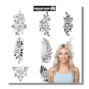Inkartlink 8 Sheets Temporary Tattoos, Semi-Permanent Tattoo, Fake Tattoos, 1-2 Weeks Tattoo, Adult Art Design Temporary Tattoos, Flower Combination Tattoos Temporary.