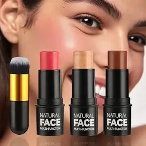 Badhare 3-In-1 Face Blush Stick, Highlighter Brush - 3 Shades Set - Waterproof, Sweatproof, All-Day Wear - Buildable Cream Stick For Face, Eyes, Lips (Sparkling Gold, Tipsy Rose, Amber Brown)