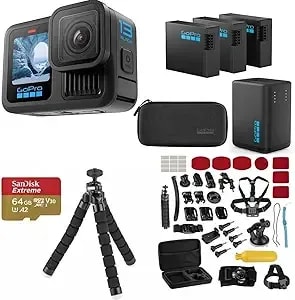 Gopro hero13 Black Action Camera With 3 Enduro Batteries, Dual Charger, 64gb Sd, 5.3k Hdr Video, 27mp Photos, Hypersmooth Stabilization, Waterproof Design, 47-Piece Accessory Kit, 1-Year Warranty