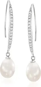 Ross-Simons 8x10mm Cultured Pearl And .38 Ct. T.W. Cz Drop Earrings In Sterling Silver