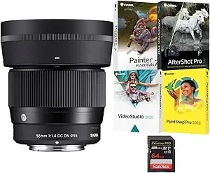 Sigma 56mm F/1.4 Contemporary Dc Dn Prime Lens (Sony E-Mount) Bundle With Software Suite And 64gb Memory Card (3 Items)