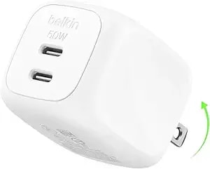 Belkin 2-Port Usb C Charger Block 50w, Dual-Port Gan Charger W/ 2x Usb C Ports, Fast Charging For Macbook, Iphone 17, Ipad Pro, Chromebook, Galaxy s26 Ultra, Pixel 10, Etc. - Travel Essentials - White