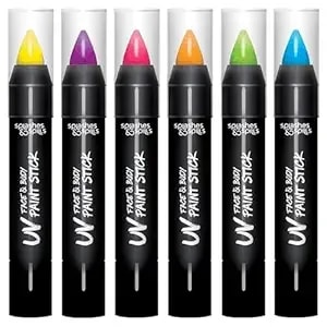 Splashes & Spills Uv Face And Body Paint Sticks - Uv Body Paint, Uv Face Paint For Costume, Cosplay, Theater, Club - Glows Under Uv Light - Black Light Paint For All Skin Types (6 Colors)