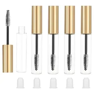 5pcs Empty Mascara Tube And Eyelash Wand, 10ml Eyelash Cream Container Bottle, Clear Mascara Containers, Eyelash-Wands With Tube For Castor Oil, Eyebrow Growth Serum And Coconut Oil (Gold)