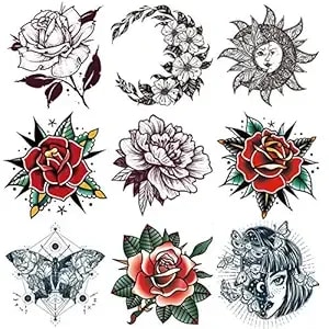 9 Sheets Women Hand Back Red Rose Black Flower Sun Moon Butterfly Totem Temporary Tattoo Stickers