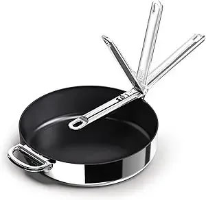 Joseph Joseph Space Steel 11" Nonstick Stainless-Steel Frying Pan Skillet With Folding Handle, Ceramic Coating, Induction & Oven Safe