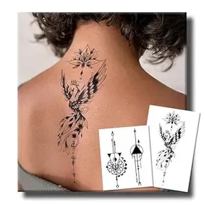Semi Permanent Tattoos For Women Men, 2 Sheets Realistic Large Phoenix Temporary Back Tattoos, 2 Weeks Lotus Phoenix Geometric Tattoo, Still L Rise, Waterproof Non-Reflective For Party Gift