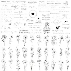 Realistic Temporary Tattoos - 60 Sheets Small Fake Tattoos, 30 Pcs Meaningful Scripts Words Tattoos, 30 Pcs Line Art Wild Flower Nature Tattoo Stickers For Women And Men