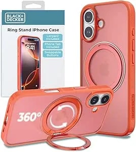 Black+Decker 360°Spin Magnetic Stand For Iphone 16 Case, Compatible With Magsafe Protective Stylish For iphone16 Case For Women, Ostand Kickstand Rotatable, Lanyard, Extra Buttons, Coral