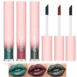 3 Colors Diamond Glitter Metallic Lip Gloss Shimmer Liquid Lipstick Set Black Green Wine Red Matte Lipstick For Women Halloween Lip Makeup