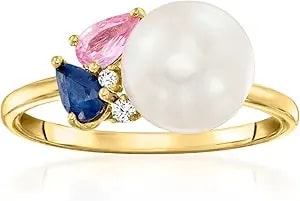 Ross-Simons 8-8.5mm Cultured Pearl And .40 Ct. T.W. Multicolored Sapphires With Diamonds In 18kt Gold Over Sterling