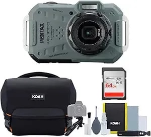 Ricoh Pentax Wg-1000 All-Weather Compact Camera With 4x Optical Zoom And 20 Color Modes (Olive) Bundle With Gadget Bag With Accessory And Cleaning Kit, And 64gb Sdxc Uhs-I Memory Card (3 Items)