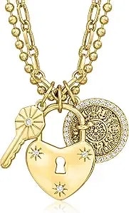 Ross-Simons 14kt Yellow Gold-Plated Key, Heart Lock And Coin Charm Necklace With 1.00 Ct. T.W. Czs. 30 Inches