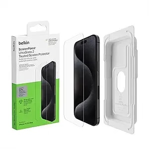 Belkin Screenforce Ultraglass 2 Treated Iphone 15 Pro Max Screen Protector - Scratch-Resistant, 9h Hardness Tested Glass W/Slim Design - Includes Easy Align Tray For Bubble-Free Application