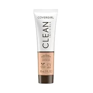 Covergirl Clean Invisible Foundation Makeup, Dewy & Glowy Natural Finish, Buildable Coverage, Skin-Like Smooth Look, Vegan, Buff Beige, 1oz
