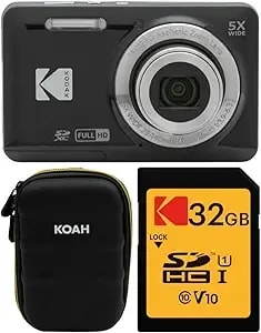 Kodak Pixpro Friendly Zoom fz55 Digital Camera (Black) Bundle With Case For Compact Cameras, And Kodak 32gb Class 10 Uhs-I u1 Sdhc Memory Card (3 Items)