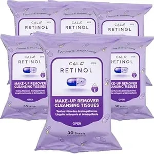 Cala Makeup Remover Cleansing Tissues: Retinol (30 Sheets) - Anti-Aging, Hydrating Wipes For A Smooth, Radiant Complexion, Gentle On All Skin Types (180 Count, Retinol, Pack Of 6)