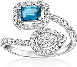 Ross-Simons 0.50 Carat London Blue Topaz And .73 Ct. T.W. Lab-Grown Diamond Bypass Ring In Sterling Silver