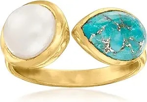 Ross-Simons 7.5-8mm Cultured Pearl And Turquoise Toi Et Moi Ring In 18kt Gold Over Sterling