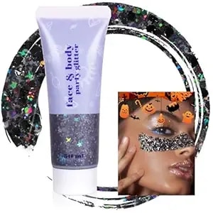 Boko 50ml Body Glitter Gel, Black Halloween Chunky Glitter Gel For Face Hair Body Sparkle Makeup, Witch Clown Glitter Mermaid Face Sequins For Halloween Concert Party Event Rave Accessories