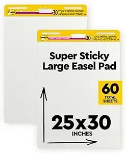 Post-It Super Sticky Easel Pad, 25 X 30 Inches, 30 Sheets Per Pad, 4 Pads, Large, White, Premium Self Stick Flip Chart Paper, Anchor Chart, Office Supplies & School Supplies, Great For Teachers And Students