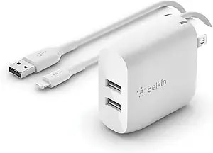 Belkin 24w Dual Port Usb Wall Charger - Lightning Cable Included - Iphone Charger Fast Charging - Usb Charger Block For Power Bank, Iphone 14, Iphone 13, Iphone 12, Iphone 11, Ipad Pro, Samsung & More