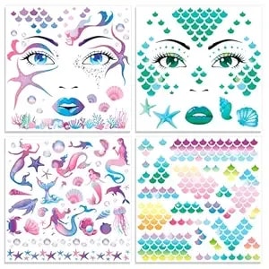 Howaf 4 Pcs Summer Face Tattoos, Mermaid Face Sticker Flower Shell Temporary Tattoos Stickers For Fish Mermaid Costume Carnival Halloween Costume Women
