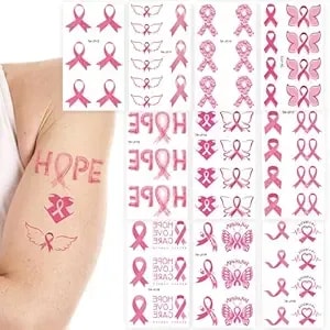 Breast Cancer Tattoos, 10 Sheets 68 Pcs Pink Ribbon Breast Cancer Awareness Temporary Tattoos For Face Arms And Hands, 4.7" X 2.7" Breast Cancer Face Tattoos For Walks Runs Fundraising Events