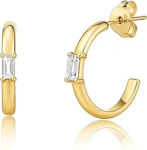 Amazon Essentials 14k Gold Plated White Sapphire J Hoop Earrings For Women April Birthstone Jewelry