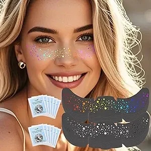 Hosaily 12pcs Holographic Rainbow & Silver Glitter Freckles Face Tattoo, Waterproof Sparkle Face Glitter Speckles Patches For Women, Cute Star Temporary Tattoo Fairy Makeup Accessories For Rave