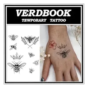 Waterproof Temporary Tattoos: 2-Sheet Tattoo Kit With Realistic Body Stickers, Semi-Permanent Tattoos For Adults Lasting 7-15 Days – Safe For Men & Women, Bees Crown