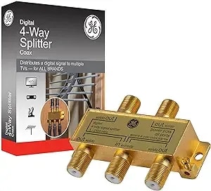 Ge Digital 4-Way Coaxial Cable Splitter, 2.5 Ghz 5-2500 Mhz, rg6 Compatible, Works With Hd Tv, Satellite, High Speed Internet, Amplifier, Antenna, Gold Plated Connectors, Corrosion Resistant, 33527