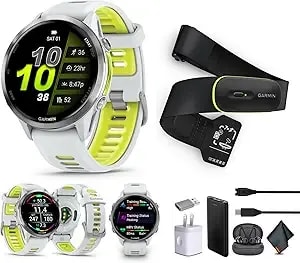 Garmin Forerunner 970 Running Smartwatch, Gps Fitness Watch For Men And Women, Titanium With Whitestone Case And Whitestone/Translucent Amp Yellow Band​​ + Access 600 Fitness Monitor, M-Xl​ + More