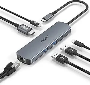 Acer 6 In 1 Usb C Hub With Ethernet, 4k@60hz Usbc To Hdmi Multiport Adapter, 100w Pd Charging, Usb A/Usb C Data Ports Usb C Splitter For Macbook Neo/Pro/Air, Acer, Ipad, Iphone 17/16/15