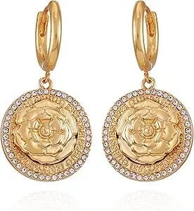 Guess Goldtone Crystal Stone Coin Huggie Hoop Drop Earrings